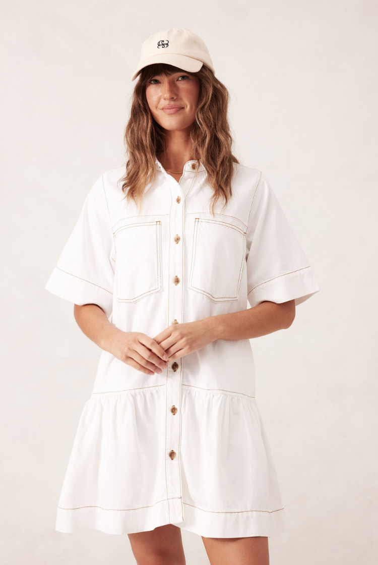 Short Sleeve Tiered Pocket Shirt Dress | Ecru