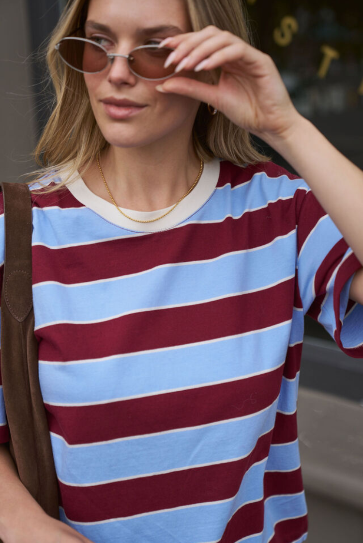 Stevie Slouchy Tee | Burgundy/ Sky Blue Stripe