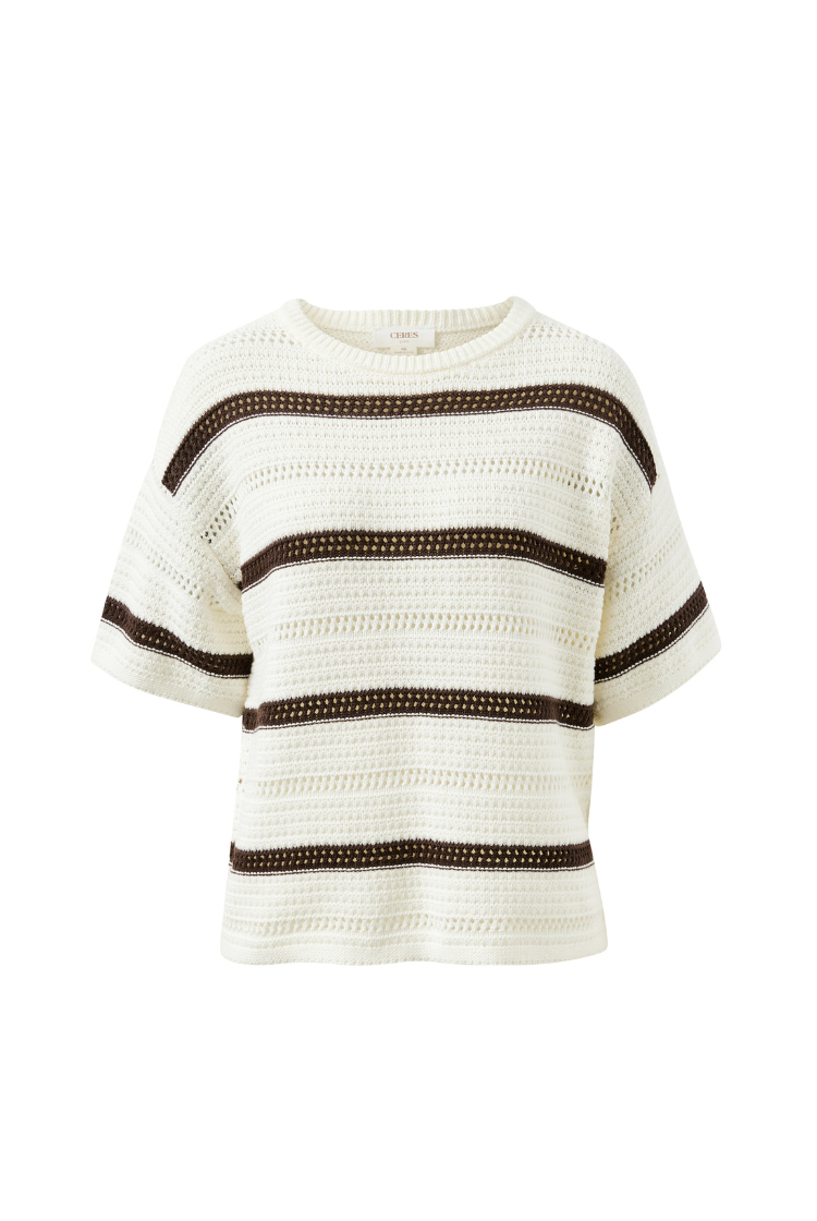 Nellie Boxy Knit Tee | Milk/ Brunette Wide Stripe