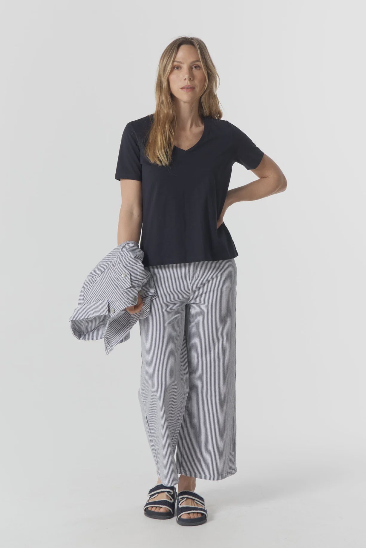 5 Pocket Crop Wide Leg Jean | Navy / White