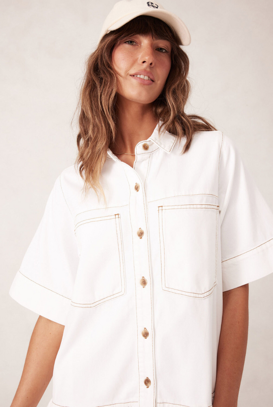 Short Sleeve Tiered Pocket Shirt Dress | Ecru