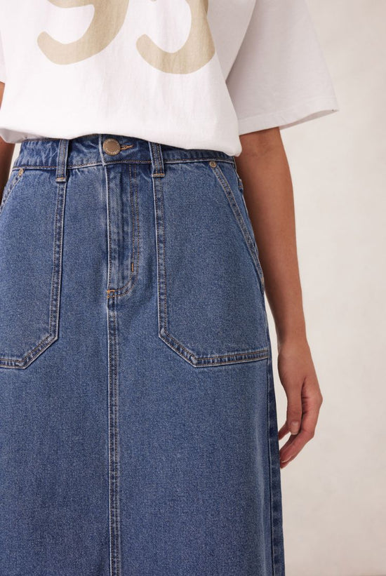 Patch Pocket Denim Midi Skirt | Fresh Indigo