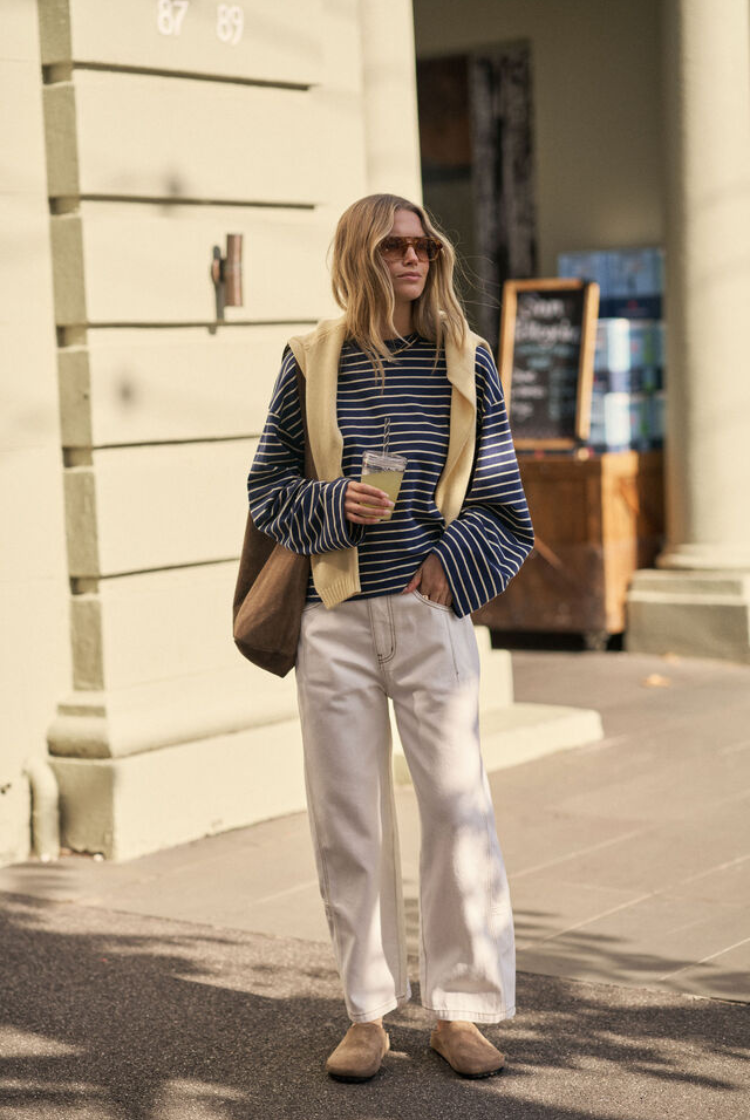 Beau Long Sleeve Slouchy Tee | Heritage Navy/ Marshmallow Stripe