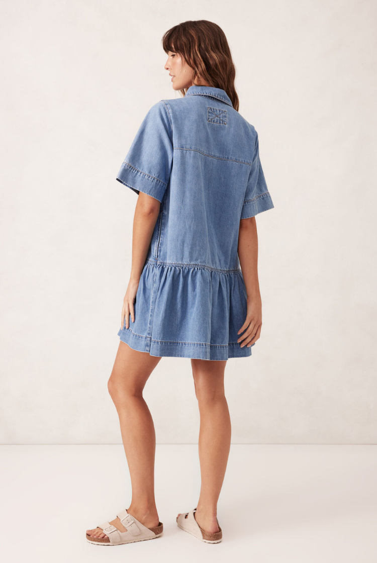 Short Sleeved Tiered Pocket Shirt Dress | Vintage Blue