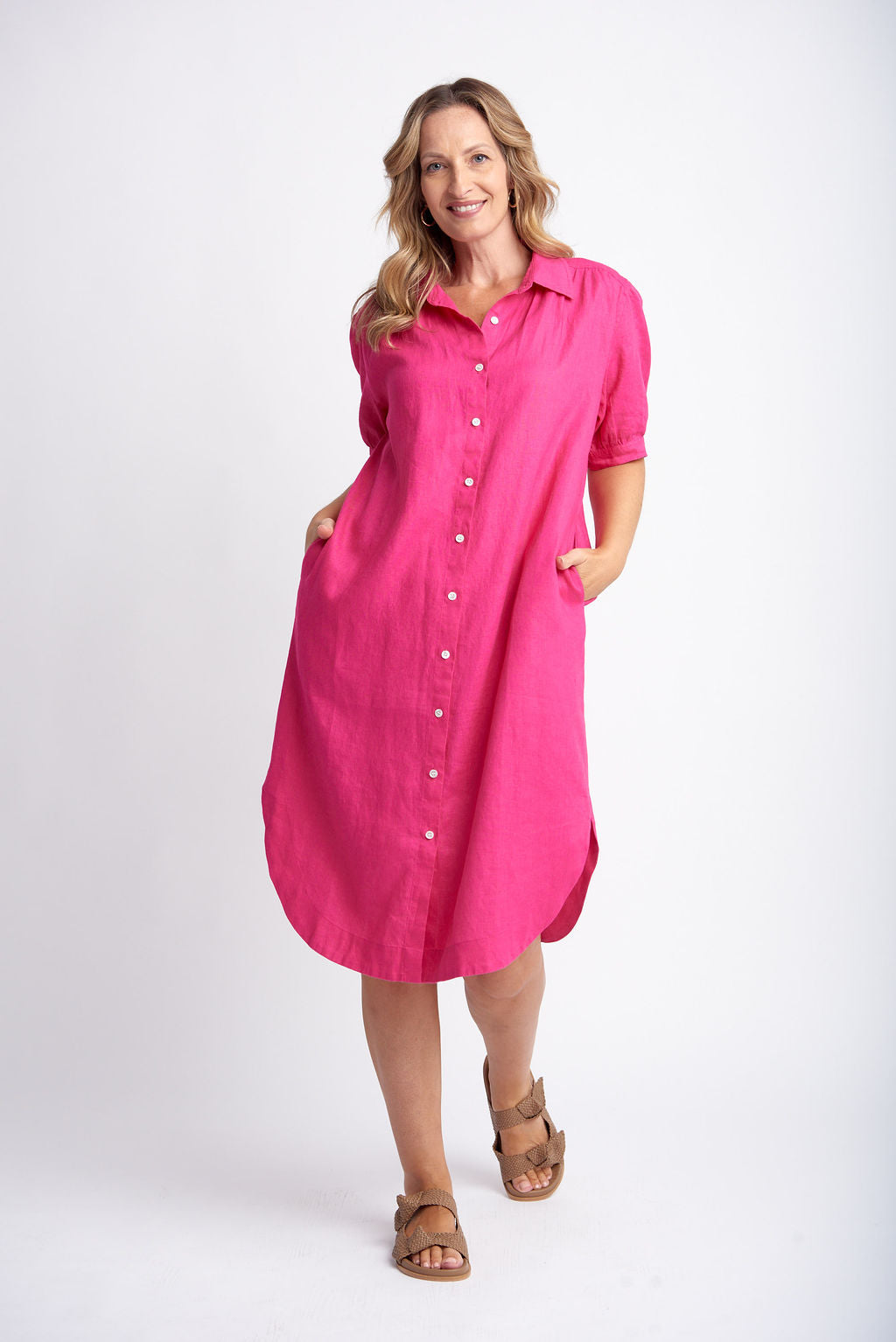 Short Sleeve Linen Dress | Bright Pink