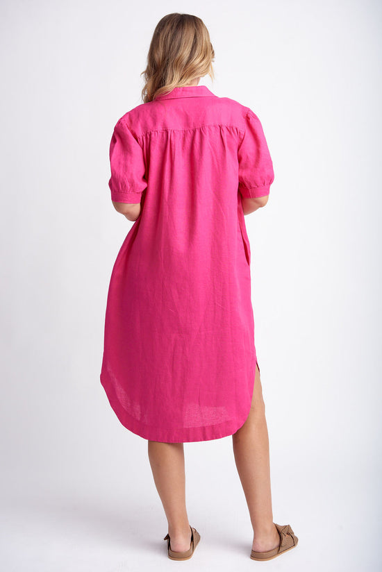 Short Sleeve Linen Dress | Bright Pink