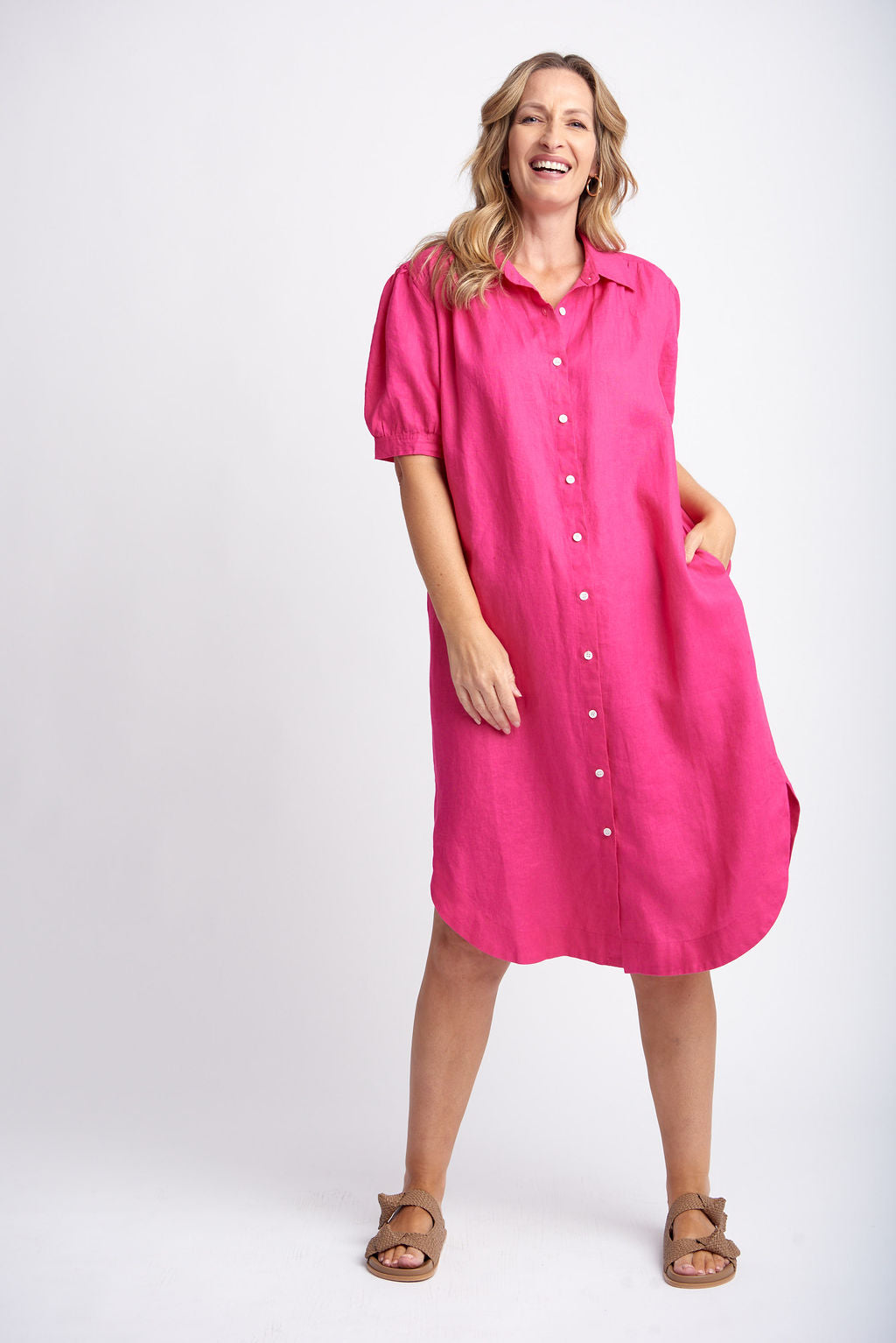 Short Sleeve Linen Dress | Bright Pink