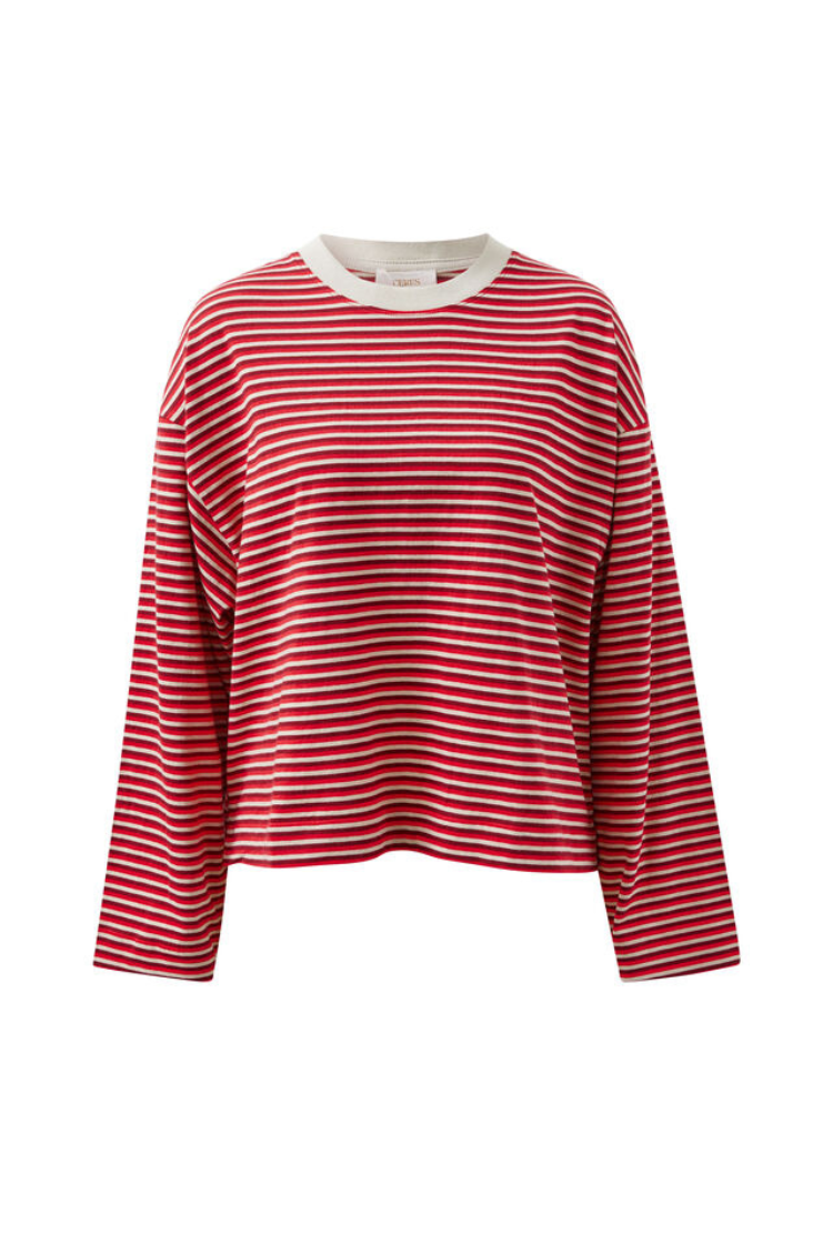 Beau Long Sleeve Slouchy Tee | Mulberry/ Red/ Stone Stripe