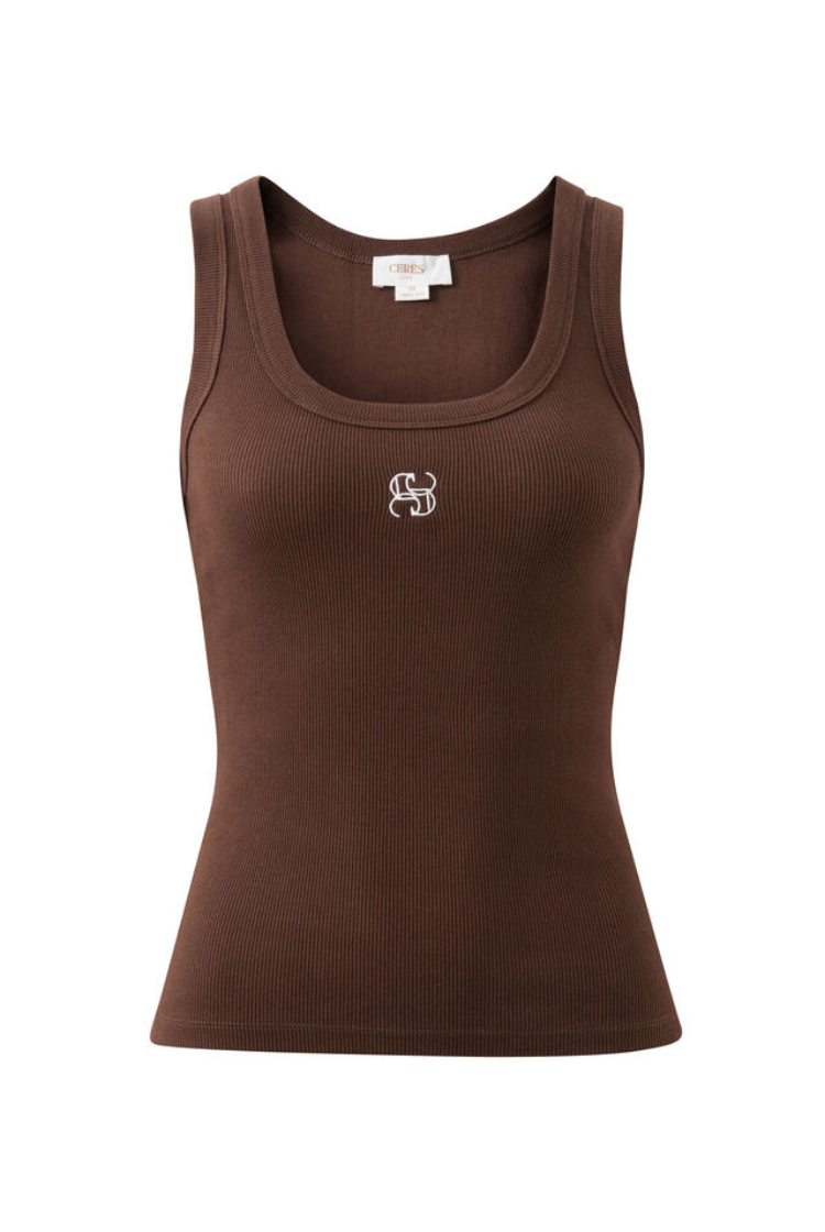 Zoe Contour Rib Scoop Tank | Chocolate Monogram Embroidery