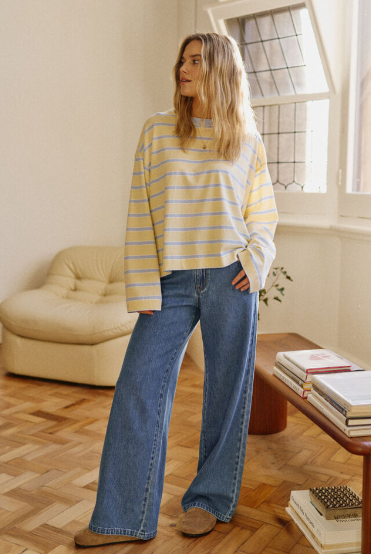 Beau Long Sleeve Slouchy Tee | Butter/ China Blue Stripe