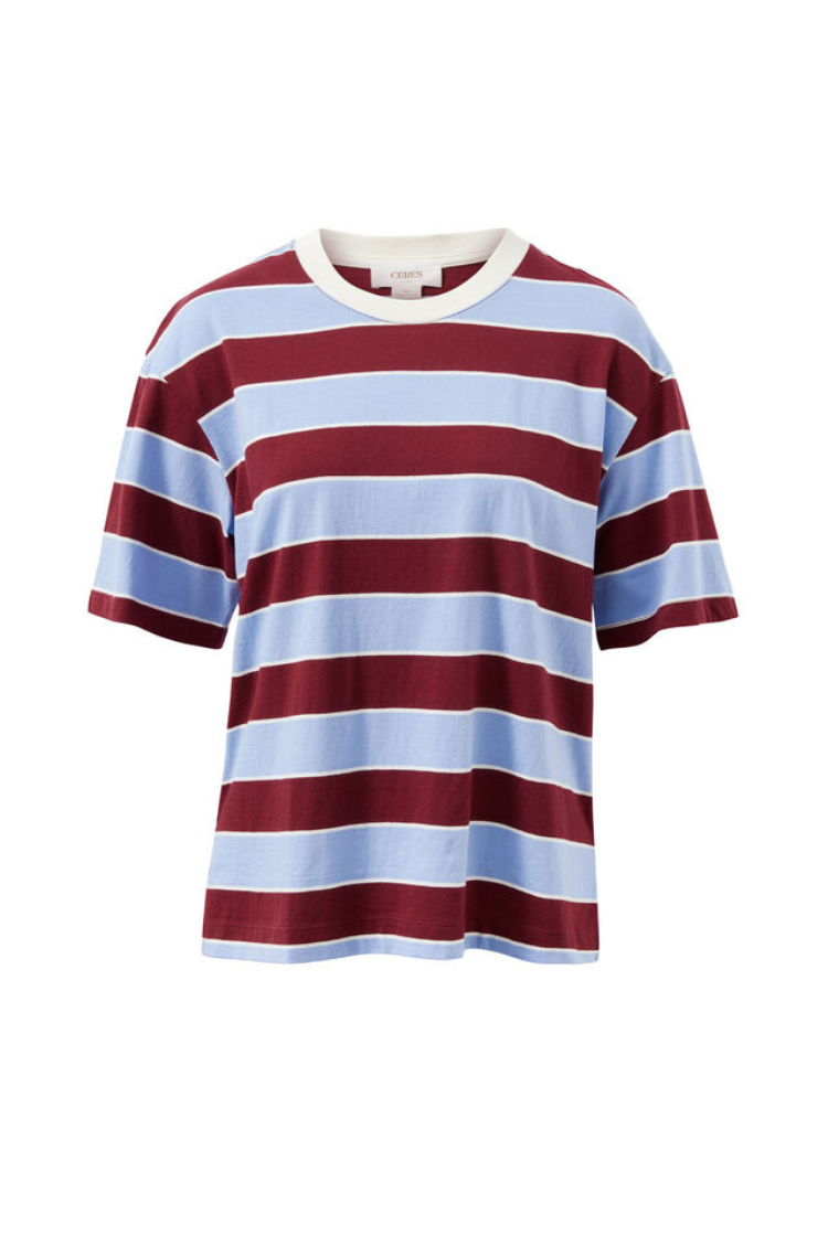 Stevie Slouchy Tee | Burgundy/ Sky Blue Stripe