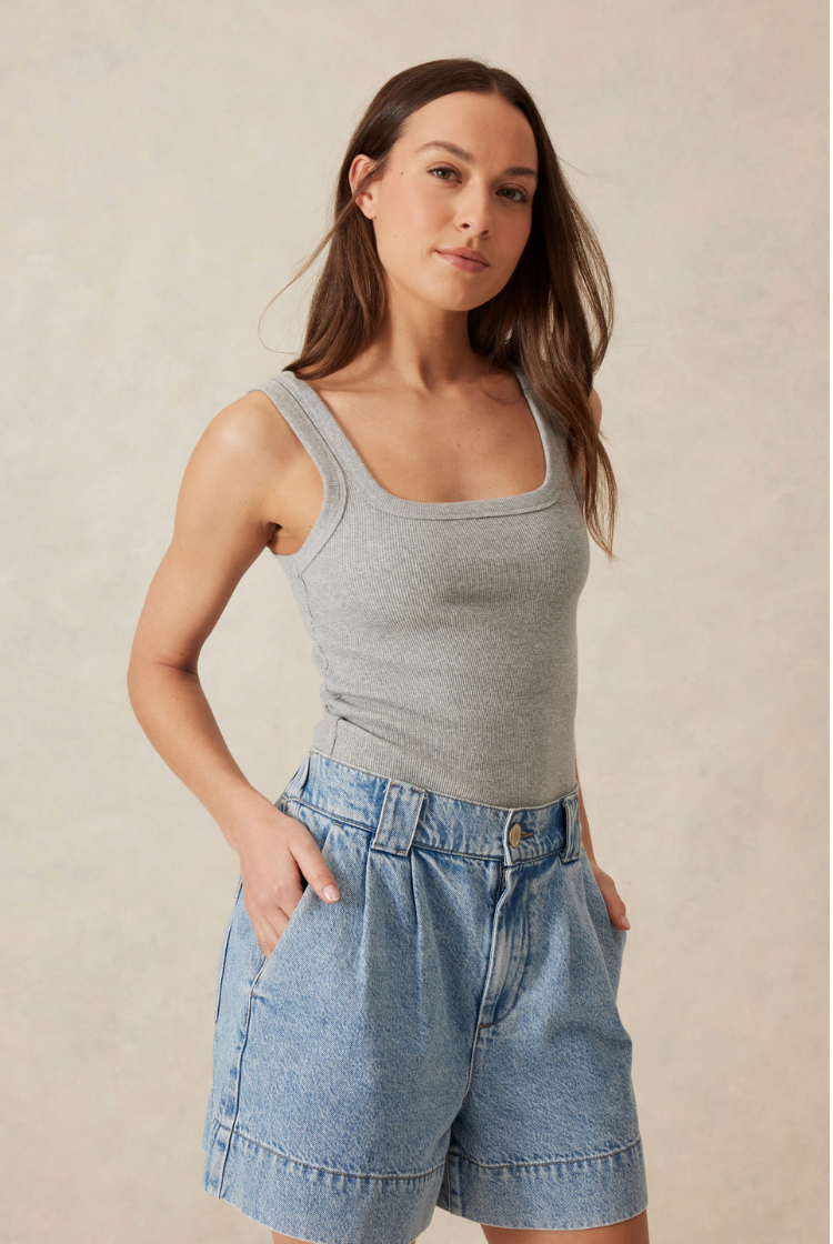 Contour Rib Square Neck Tank | Grey Marle