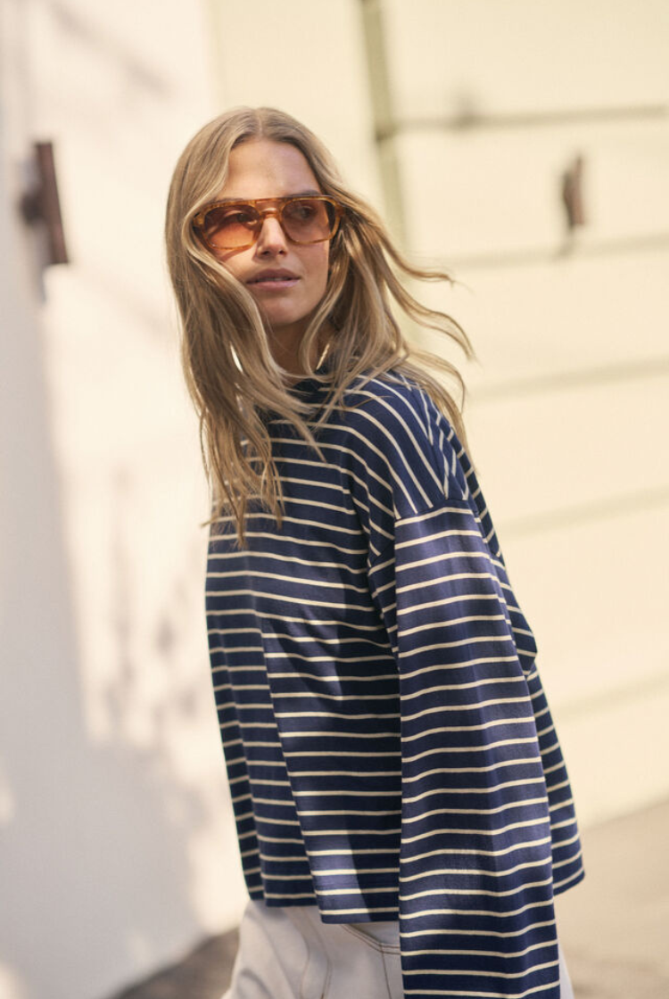Beau Long Sleeve Slouchy Tee | Heritage Navy/ Marshmallow Stripe