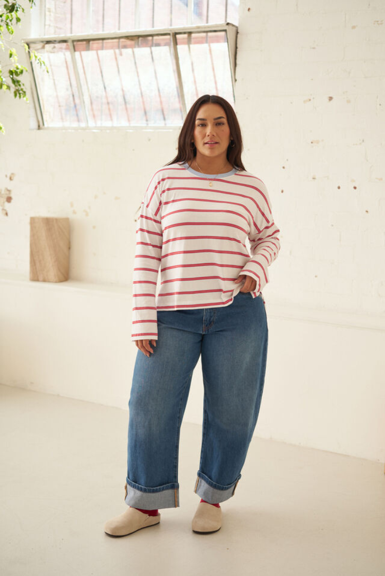 Scout Slouchy Long Sleeve Tee | White/ China Blue Chilli Stripe