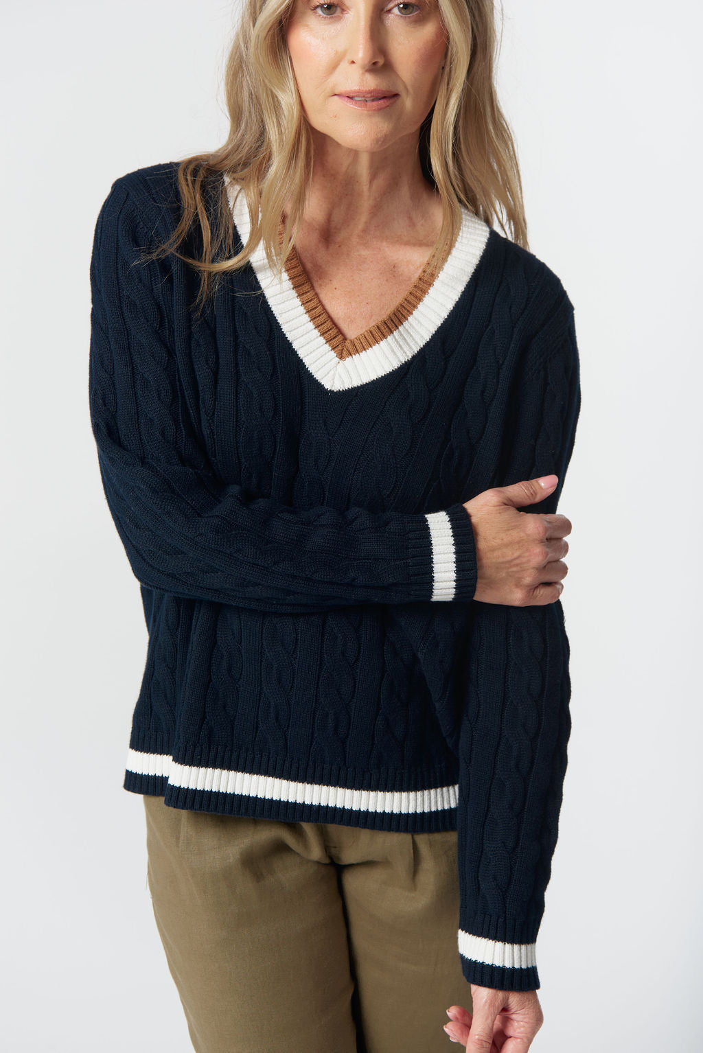 Harvest V-Neck Cotton Jumper | Dark Navy/ White