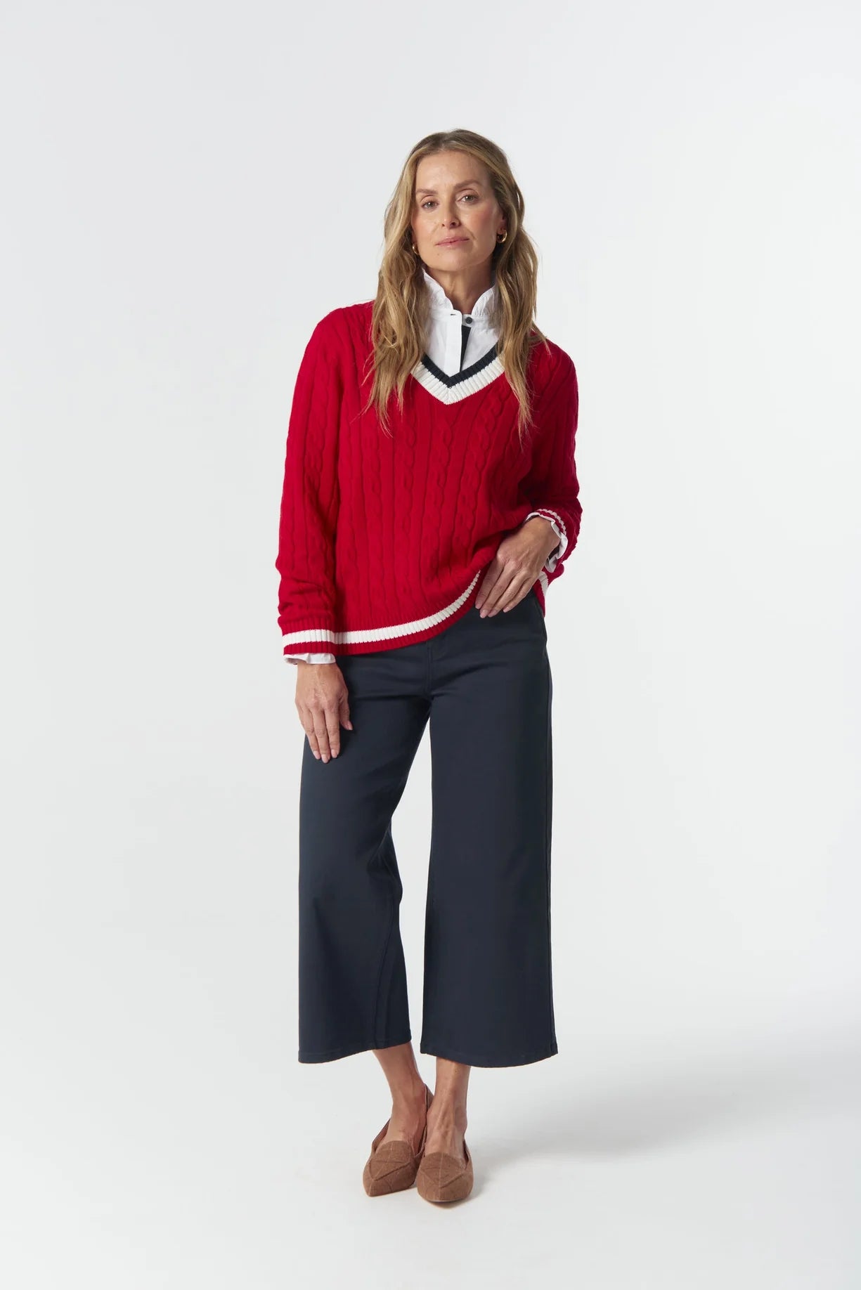 Harvest V-Neck Cotton Jumper | Poinsettia / White