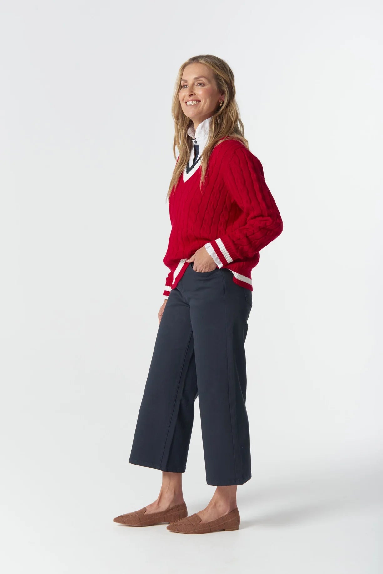 Harvest V-Neck Cotton Jumper | Poinsettia / White