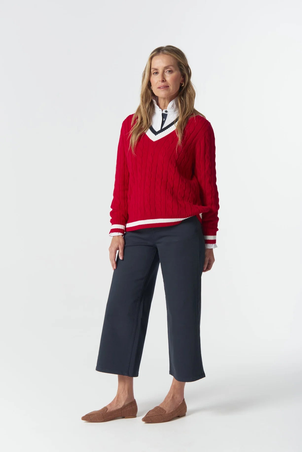 Harvest V-Neck Cotton Jumper | Poinsettia / White