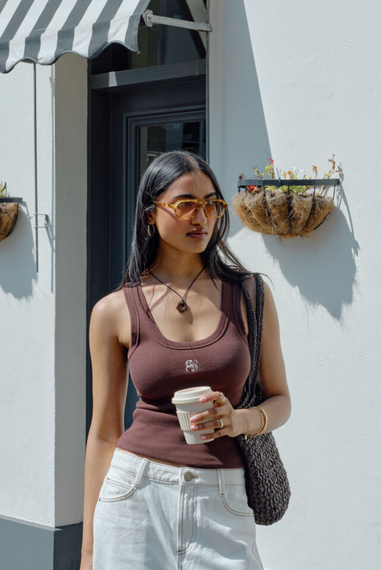 Zoe Contour Rib Scoop Tank | Chocolate Monogram Embroidery