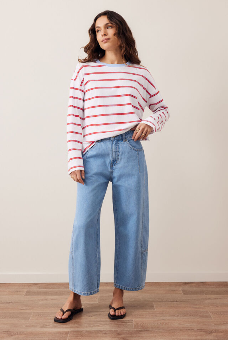Scout Slouchy Long Sleeve Tee | White/ China Blue Chilli Stripe