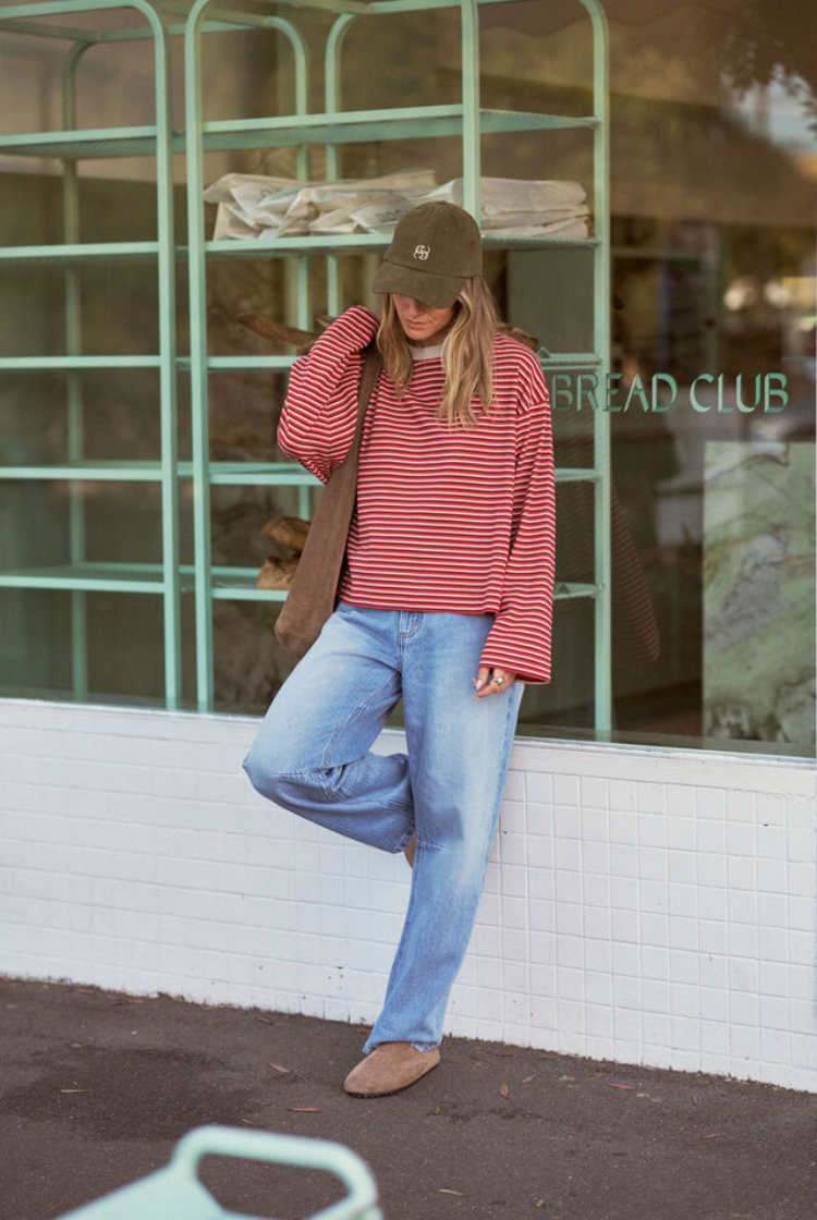 Beau Long Sleeve Slouchy Tee | Mulberry/ Red/ Stone Stripe