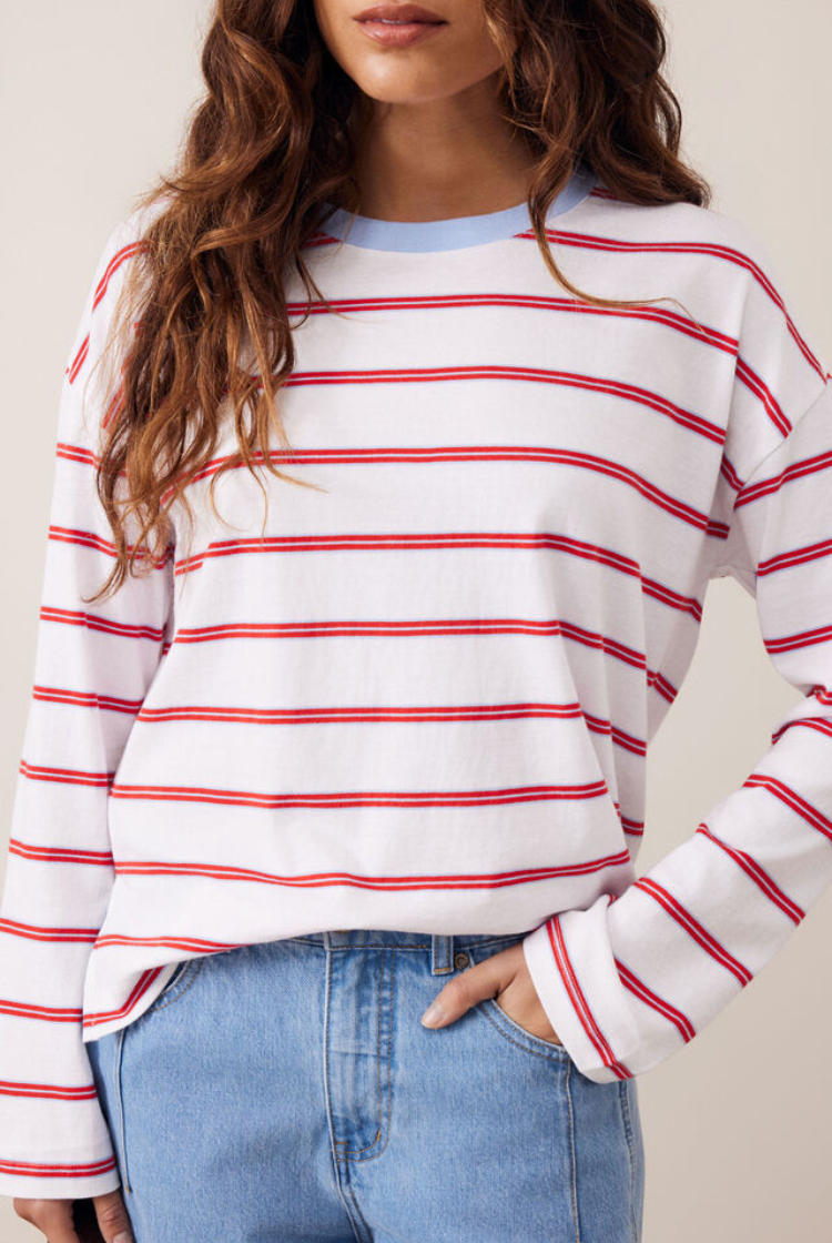 Scout Slouchy Long Sleeve Tee | White/ China Blue Chilli Stripe