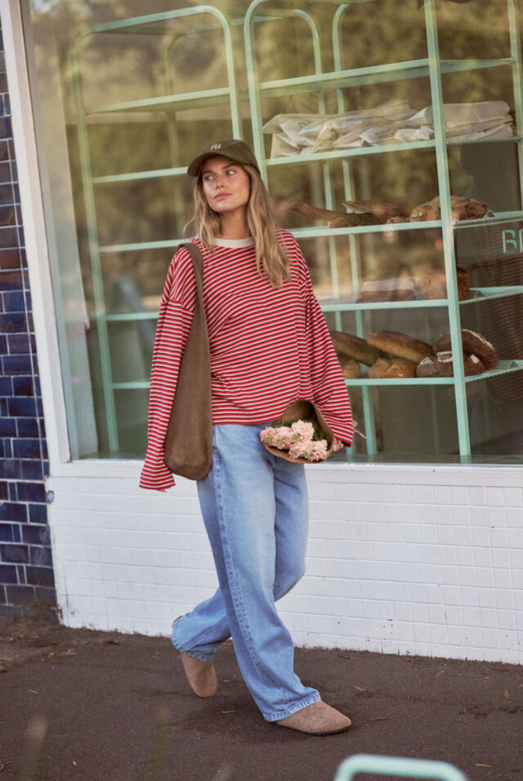 Beau Long Sleeve Slouchy Tee | Mulberry/ Red/ Stone Stripe
