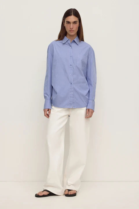 Ava Stripe Poplin Shirt | Navy Stripe