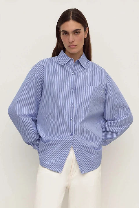 Ava Stripe Poplin Shirt | Navy Stripe