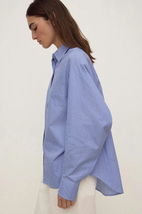 Ava Stripe Poplin Shirt | Navy Stripe