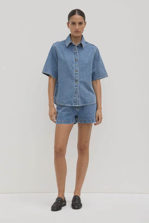 Boxy Denim Short Sleeve Shirt | Dark Stone
