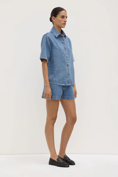 Boxy Denim Short Sleeve Shirt | Dark Stone
