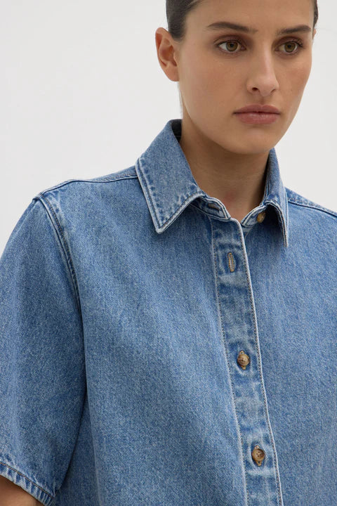 Boxy Denim Short Sleeve Shirt | Dark Stone