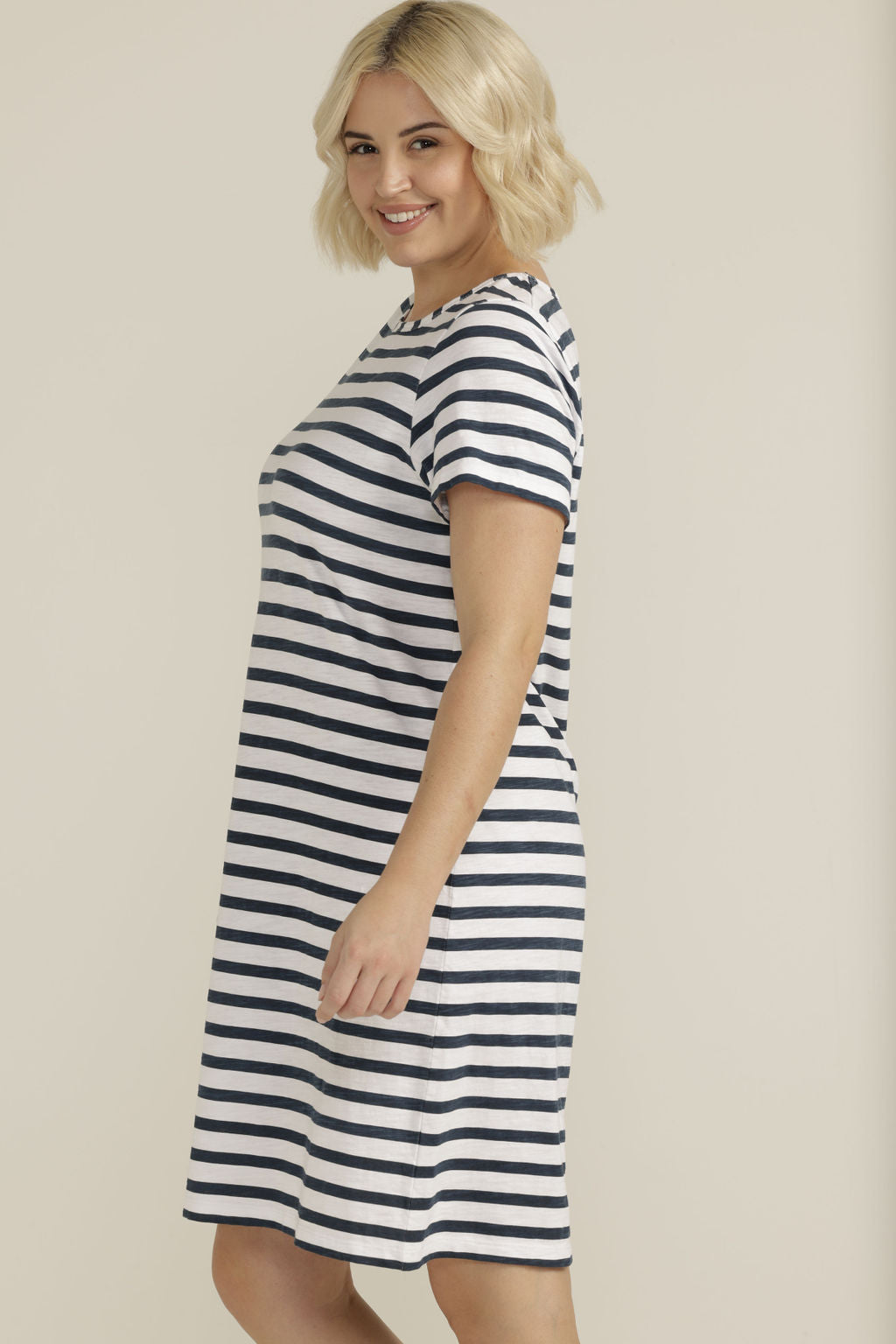 Load image into Gallery viewer, Short Sleeve Cotton Dress | White / Navy Stripe
