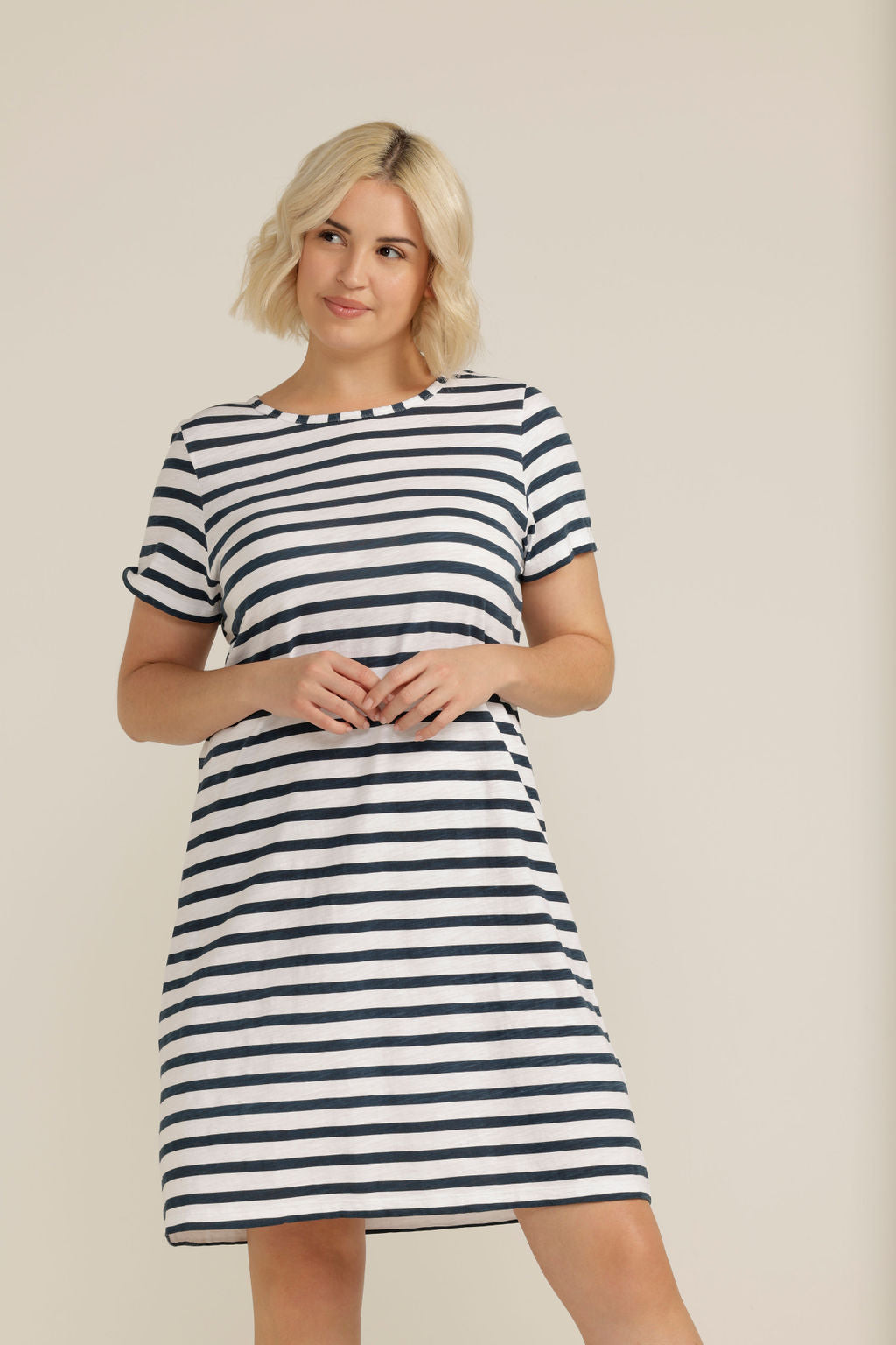 Short Sleeve Cotton Dress | White / Navy Stripe