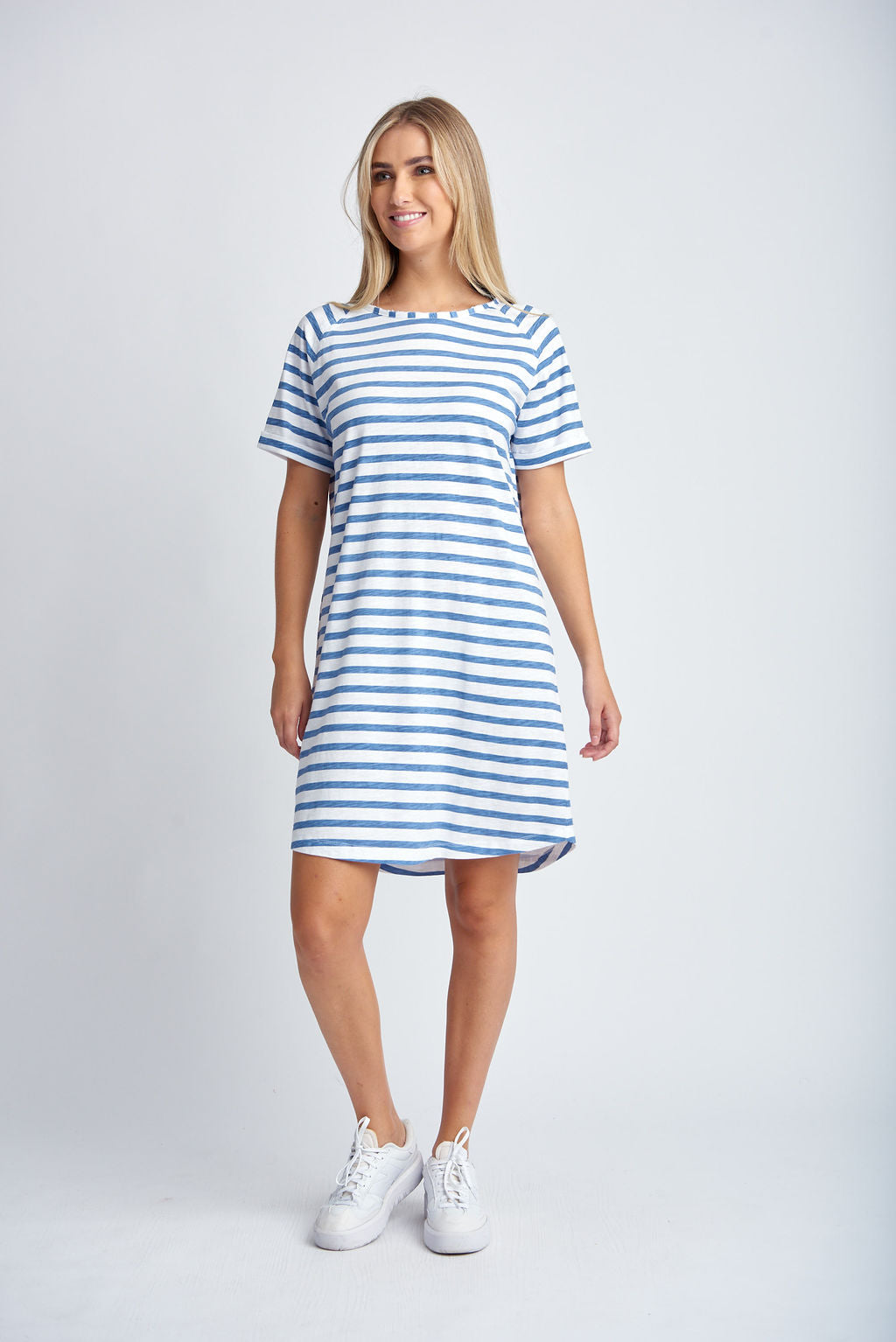 Stripe Ragaln Sleeve Dress | White & Deep Blue