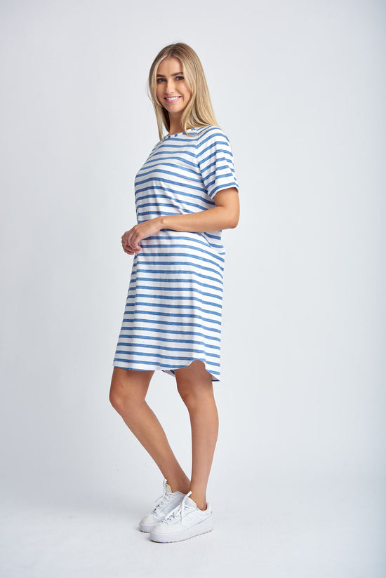 Stripe Ragaln Sleeve Dress | White & Deep Blue