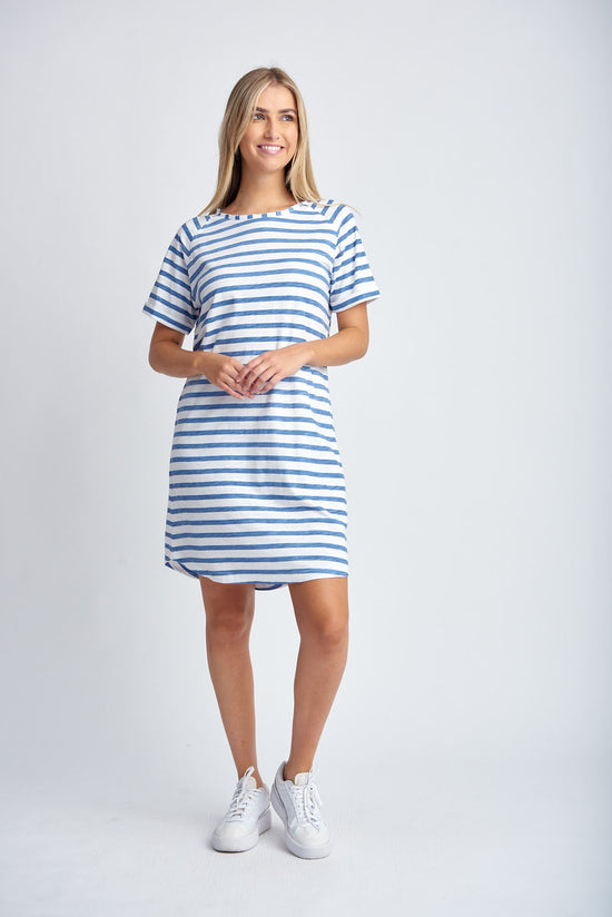 Stripe Ragaln Sleeve Dress | White & Deep Blue