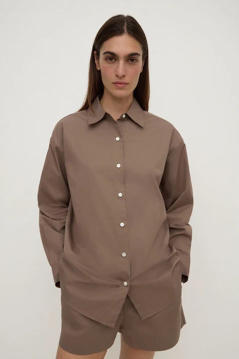 Micha Poplin Long Sleeve Shirt | Dark Sand