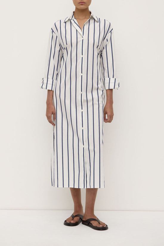 Nara Stripe Shirt Dress | White/ True Navy