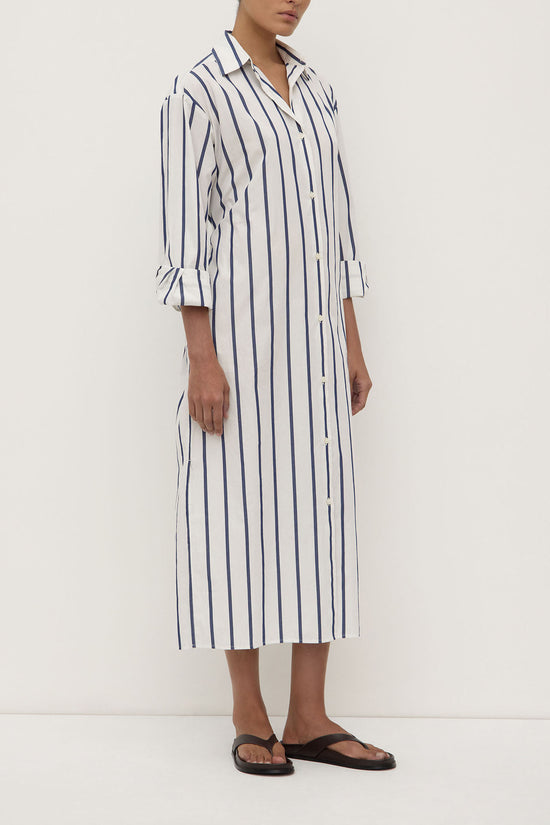 Nara Stripe Shirt Dress | White/ True Navy
