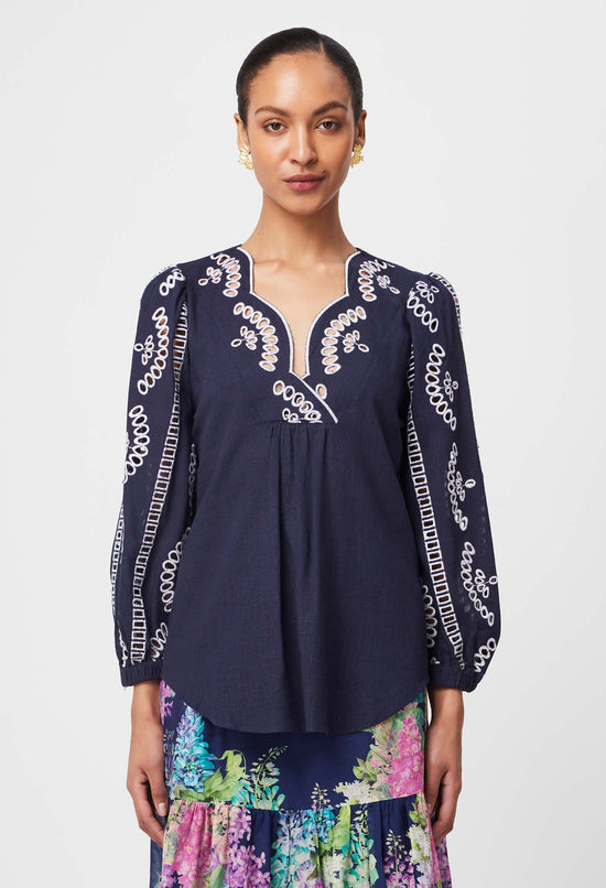 Morgan Embroidered Linen Viscose Blouse | Lapis