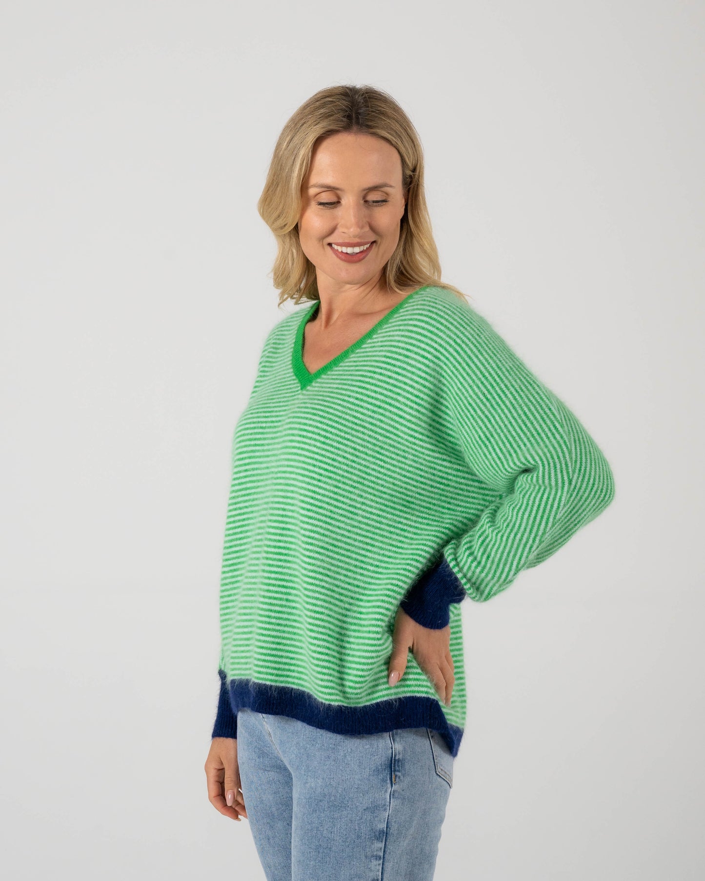Angora V Neck Sweater | Green / Navy