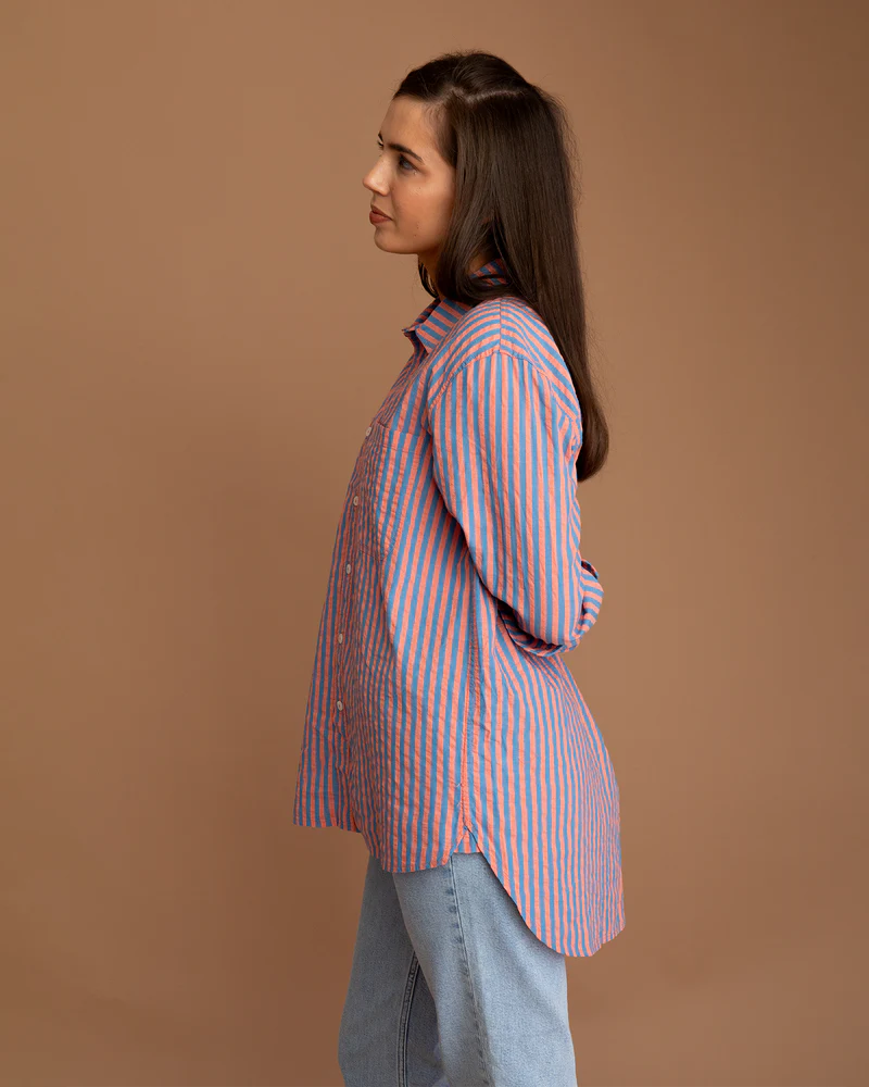 Load image into Gallery viewer, Mercer Beach Stripe Shirt | Coral / Periwinkle
